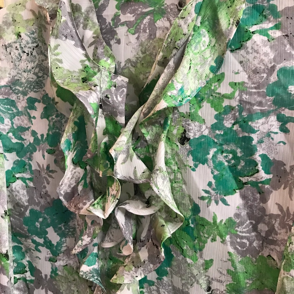Green /grey sleeveless blouse with ruffle bodice